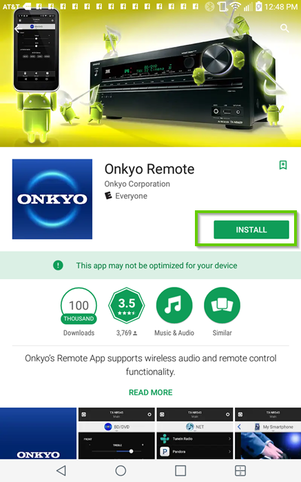 Google Play store app displaying the Onkyo Remote app, highlighting the install button.