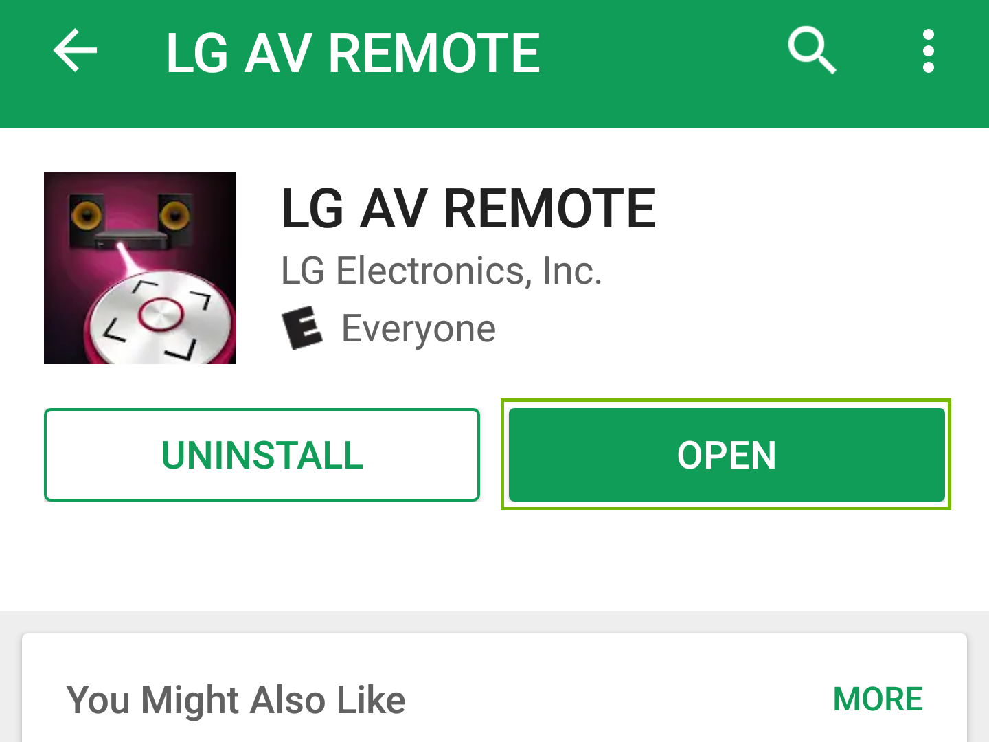 LG AV Remote stor page with open highlighted
