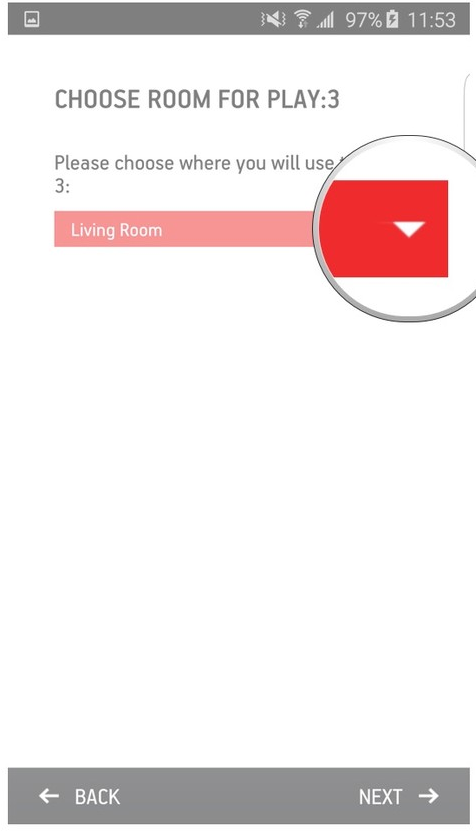 Sonos app highlighting the select a room dropdown box.