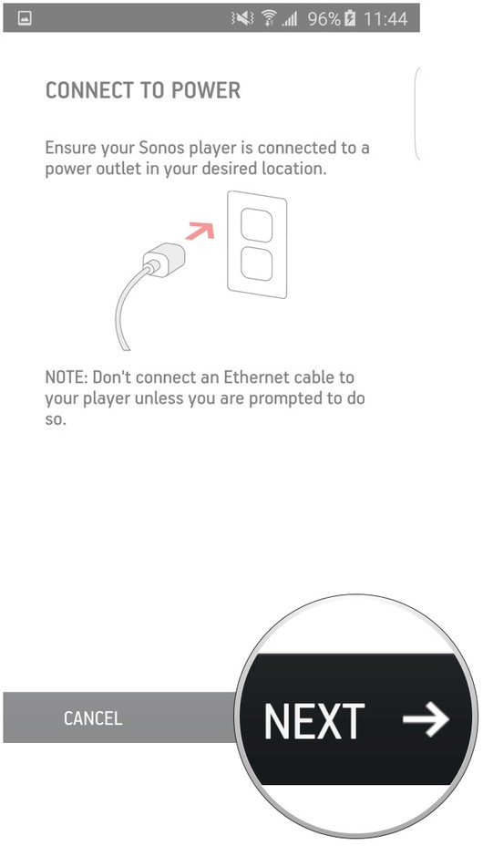 Sonos app add a device screen highlighting the next button.