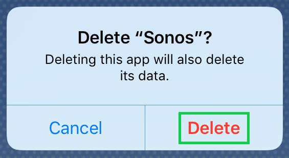 Screenshot of prompt to delete Sonos with delete highlighted