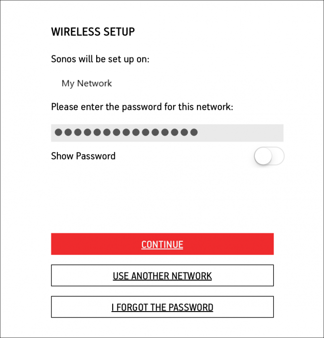 screenshot of wireless setup indicating the password field and continue button