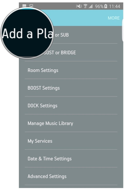 Sonos app settings menu highlighting the Add a player or sub button.