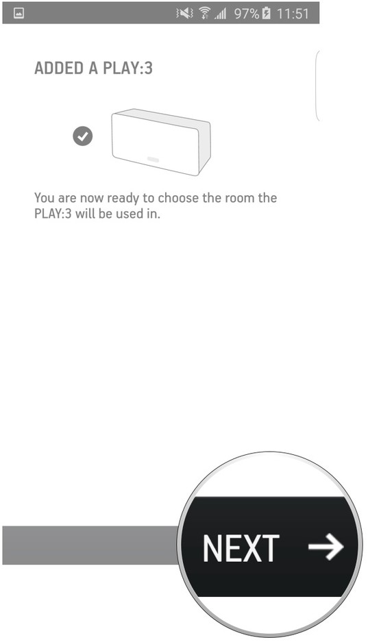 Sonos app highlighting the next button after a player has connected.