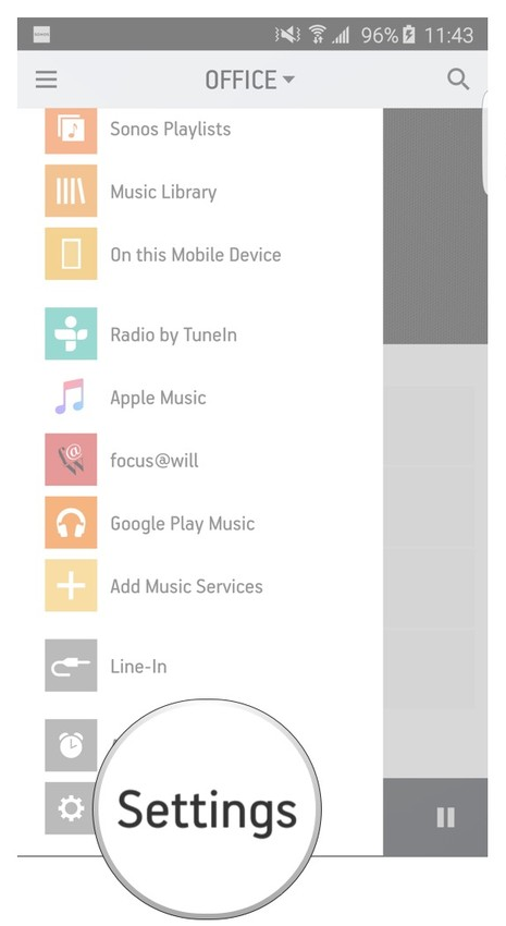 Sonos app menu highlighting the settings option.