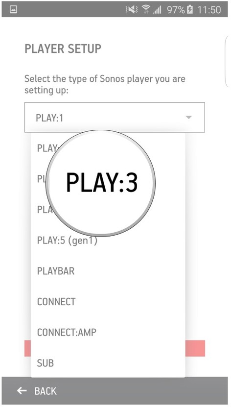 Sonos app selecting a device screen.