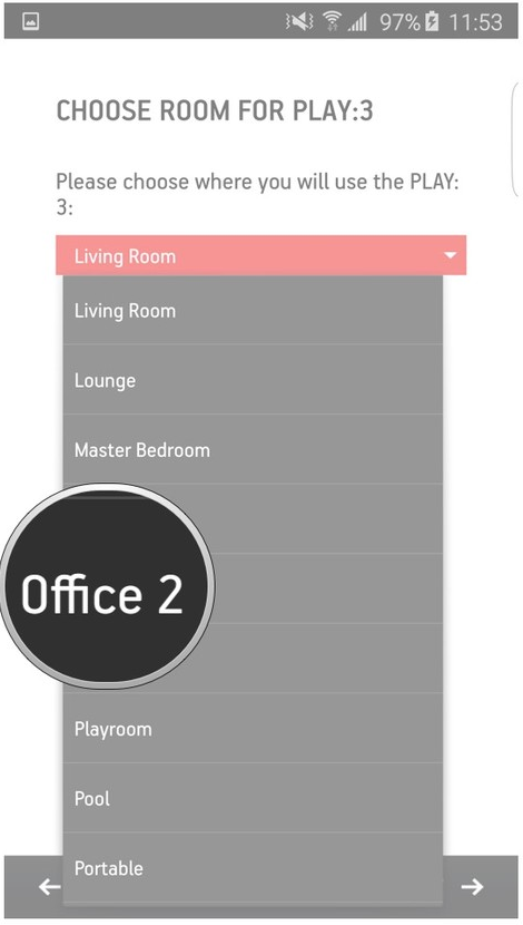 Sonos app selecting a room name from the dropdown box.