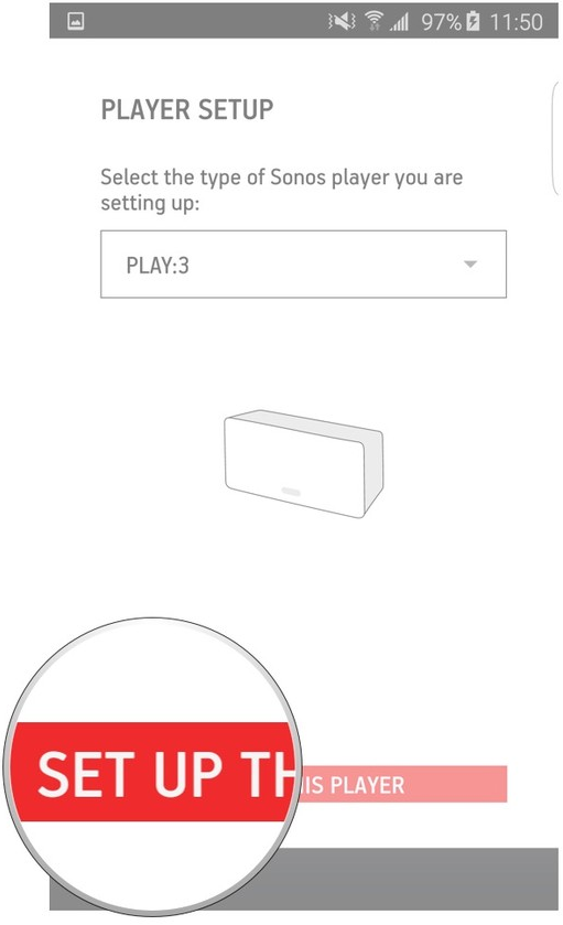 Sonos app with a device selected highlighting the set up this player button.