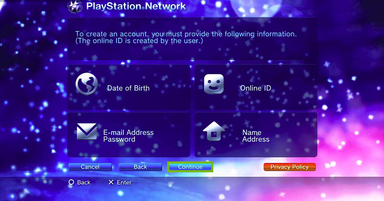 List of necessary pieces of information: Date of birth, online ID, Email address, Name and address. Screenshot.