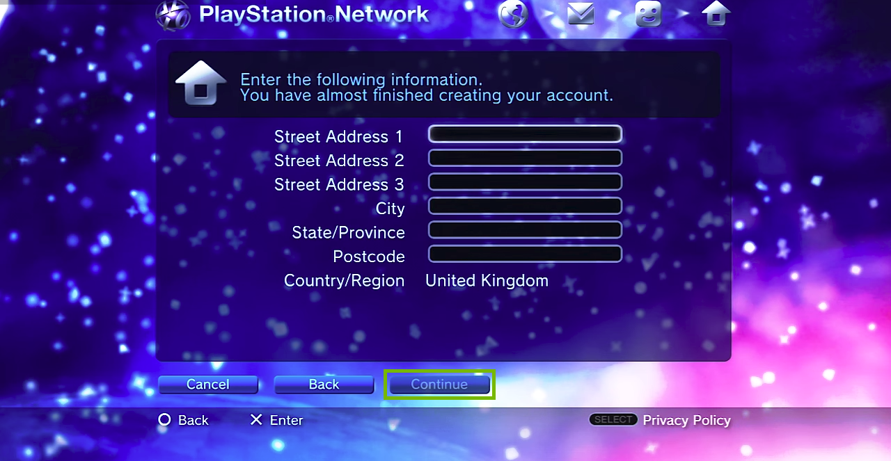 Filling in address information. Screenshot.
