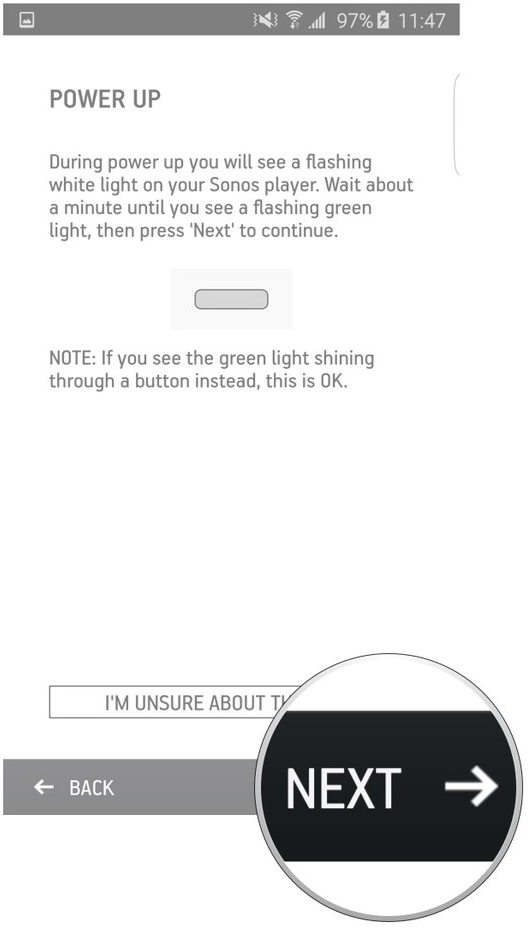 Sonos app add a device screen highlighting the Next button.
