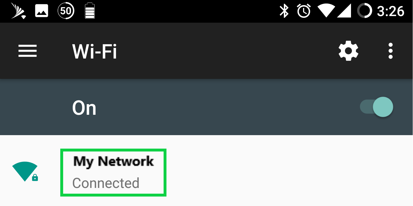 screenshot of android Wi-Fi settings with the connected network highlighted