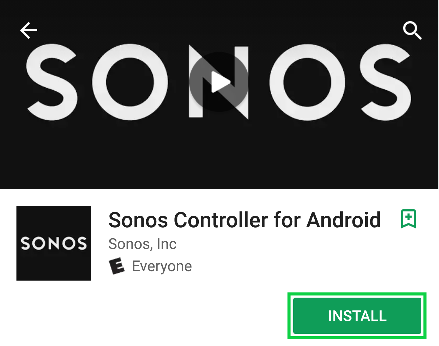 Sonos app page with the install button highlighted.