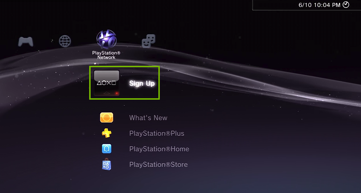 PlayStation Network menu with Sign Up selected. Screenshot.