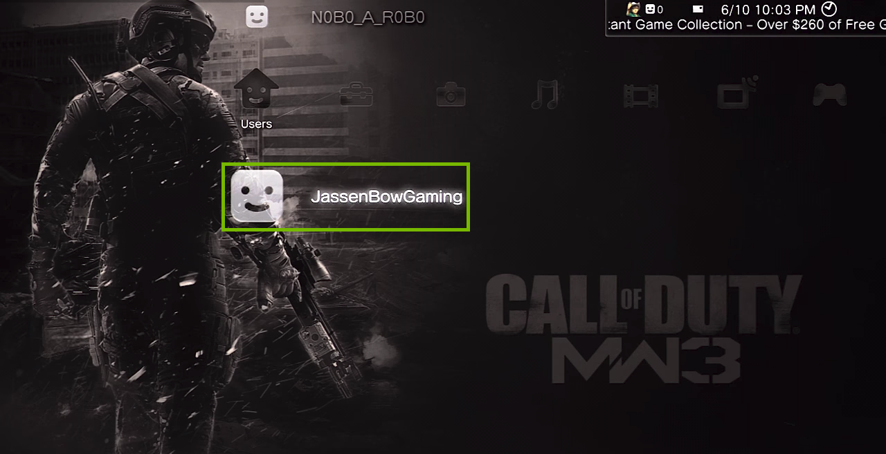 Users menu with example profile selected. Screenshot.