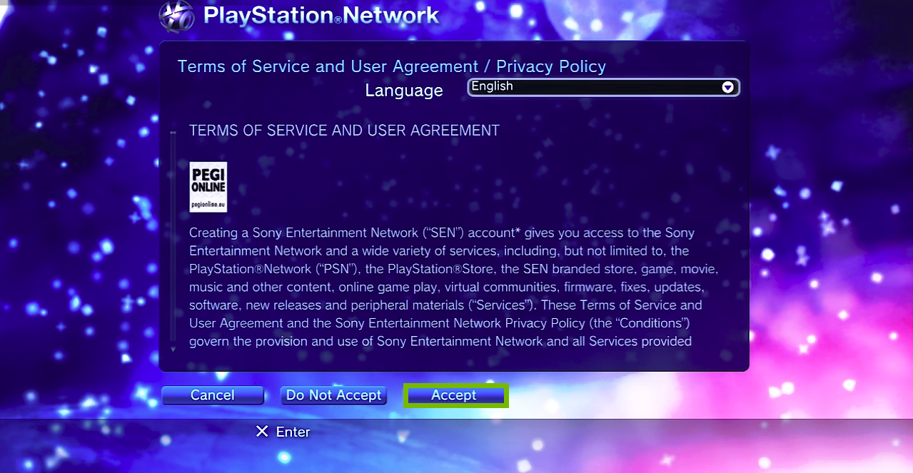 Terms of service with Accept button highlighted. Screenshot.