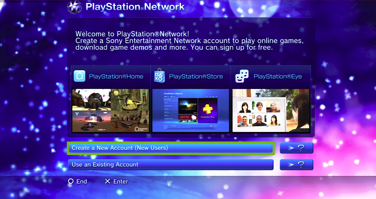 PlayStation Network welcome screen with Create new User selected. Screenshot.