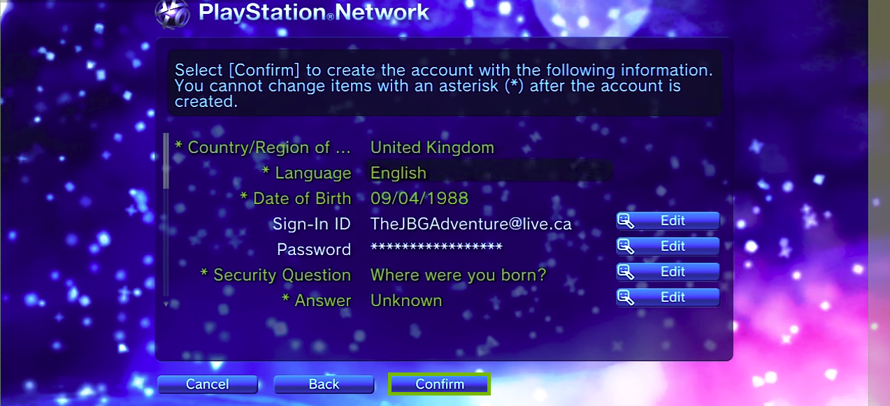 Summary of information provided with Edit buttons next to each. Confirm selection below. Screenshot.