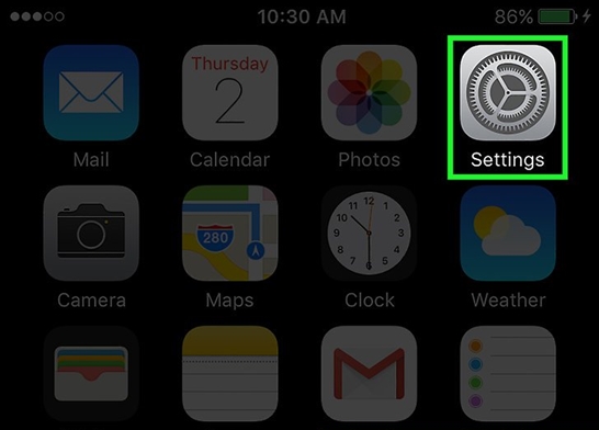 iOS device with Settings icon selected. Screenshot.