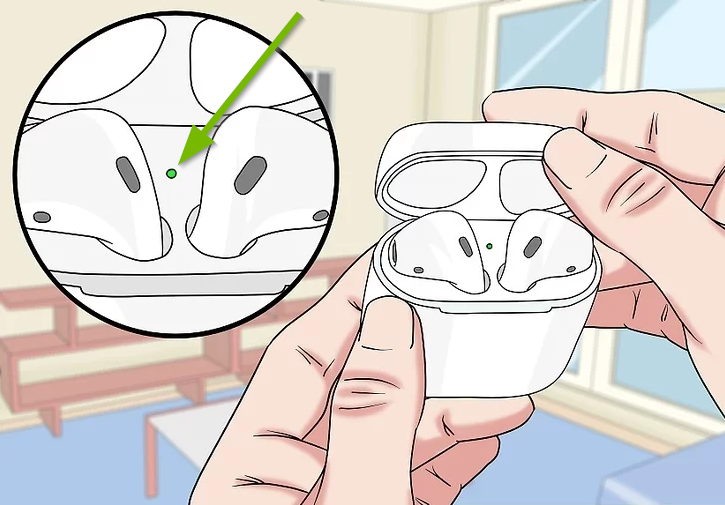 Battery level indicator within the AirPods case. Illustration.