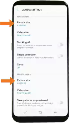 Camera settings with front and rear facing picture size settings.