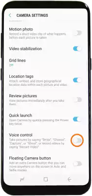 Camera settings with voice control toggle highlighted.