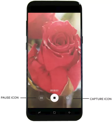Camera recording. Pause, stop and capture icons highlighted.