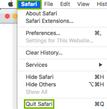 Safari menu with quit safari highlighted