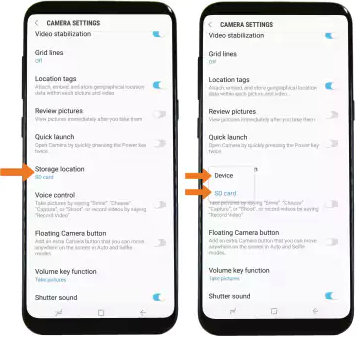 Camera Settings screen with Storage location option selected.