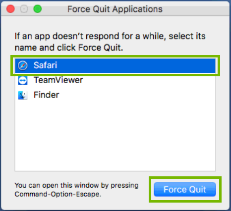 Force quit dialog with application and force quit button highlighted