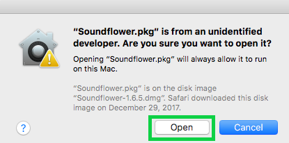 Prompt with Open button selected. Screenshot.