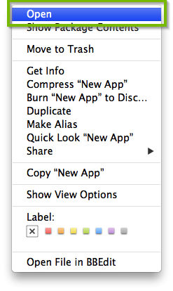 screenshot of Finder menu for an app with open highlighted