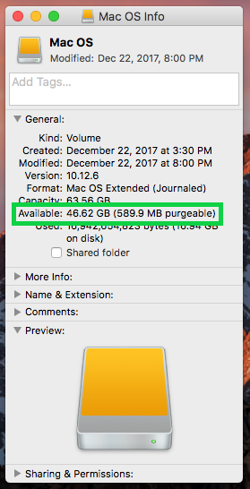 Drive properties with available drive space shown. Screenshot.