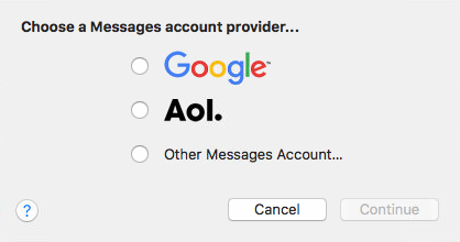 Message account provider screen with Google, Aol, and Other Messages Account options. Screenshot.