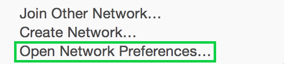 Wi-Fi options with Open Network Preferences selected. Screenshot.