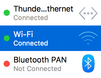 Network Preferences with green dot next to example connection. Screenshot.