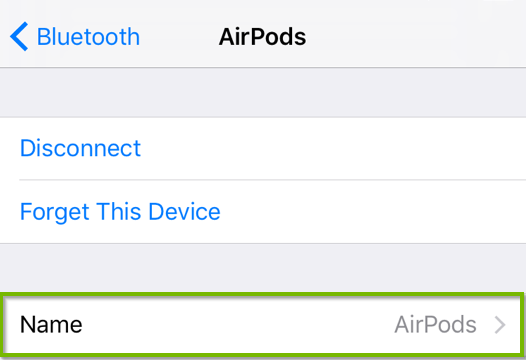 AirPods settings screen with Name highlighted. Screenshot.