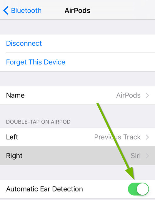 AirPod settings screen with Automatic Ear Detection enabled below. Screenshot.