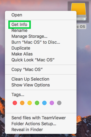 Drive context menu with Get info option selected. Screenshot.