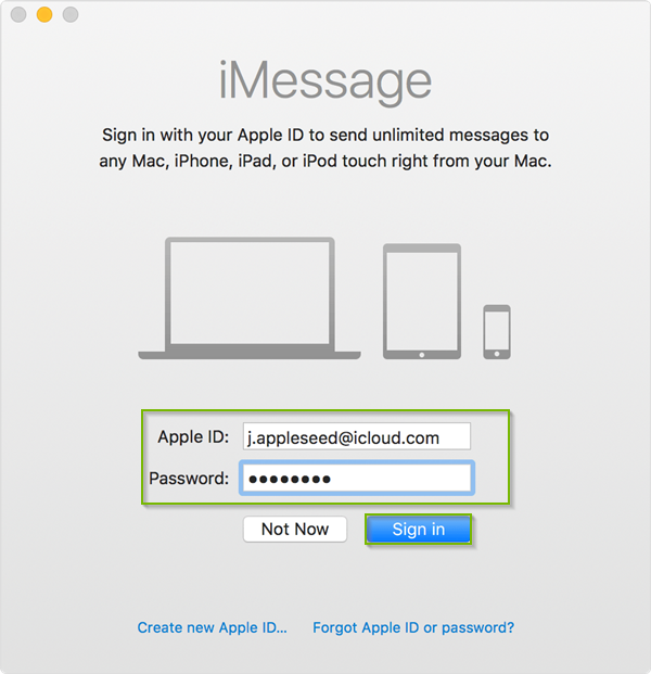 First time sign in screen for iMessage. Screenshot.