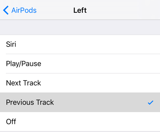 Left AirPod double-tap settings with Siri, Play Pause, Next Track, Previous Track, and Off options available. Screenshot.
