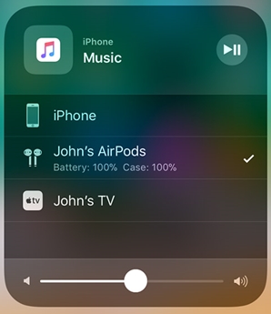iPhone playing Music over John's AirPods. Screenshot.