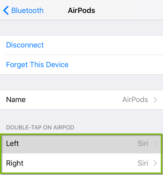 AirPods properties screen with Double-tap on AirPod settings highlighted. Screenshot.