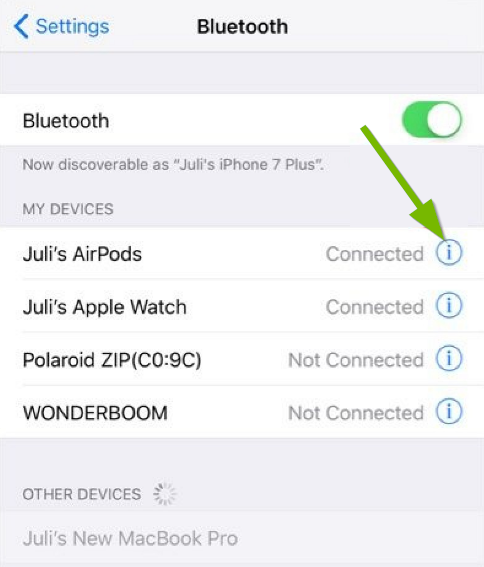 Bluetooth device list with i highlighted next to an example bluetooth device. Screenshot.