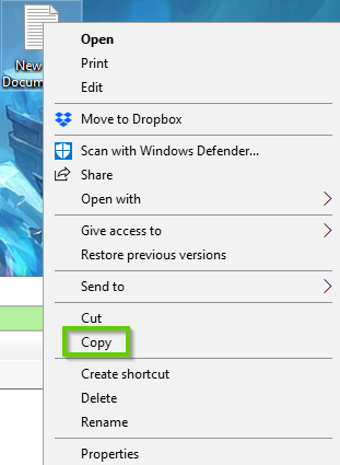 Windows 10 right click menu showing the copy command highlighted