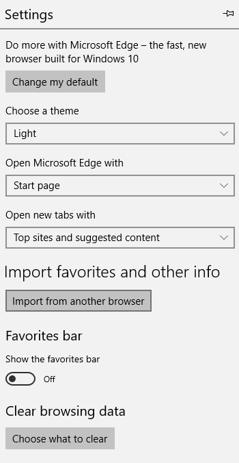 Edge settings menu