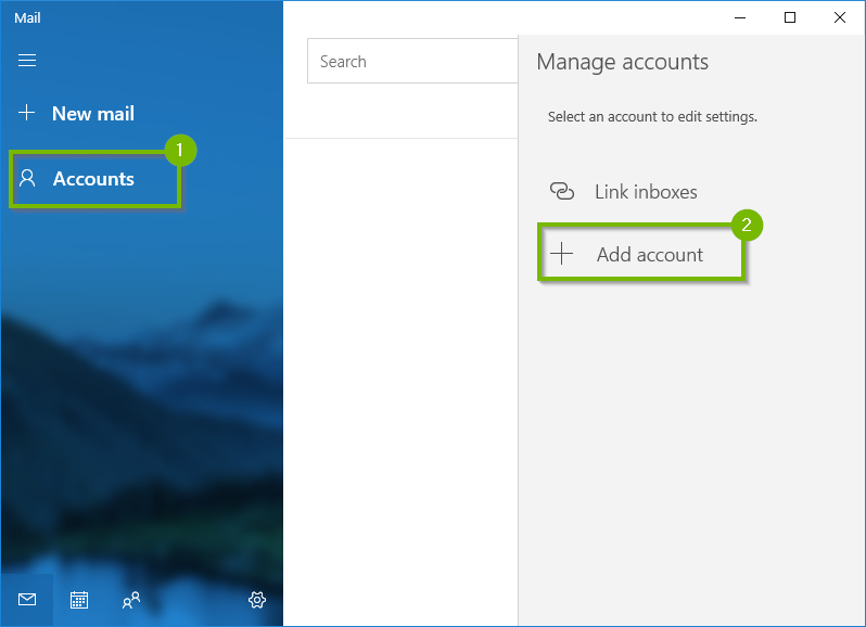 Windows 10 mail app with accounts and add account highlighted