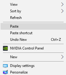 Windows 10 right click menu with paste highlighted