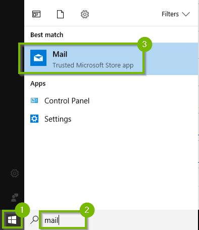 Windows 10 start menu and search bar showing Mail app