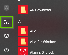 Windows 10 start menu showing the folder icon